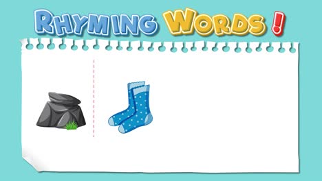 colorful animation teaching rhyming words with engaging visuals and simple transitions. features objects like rock, sock, clock, block