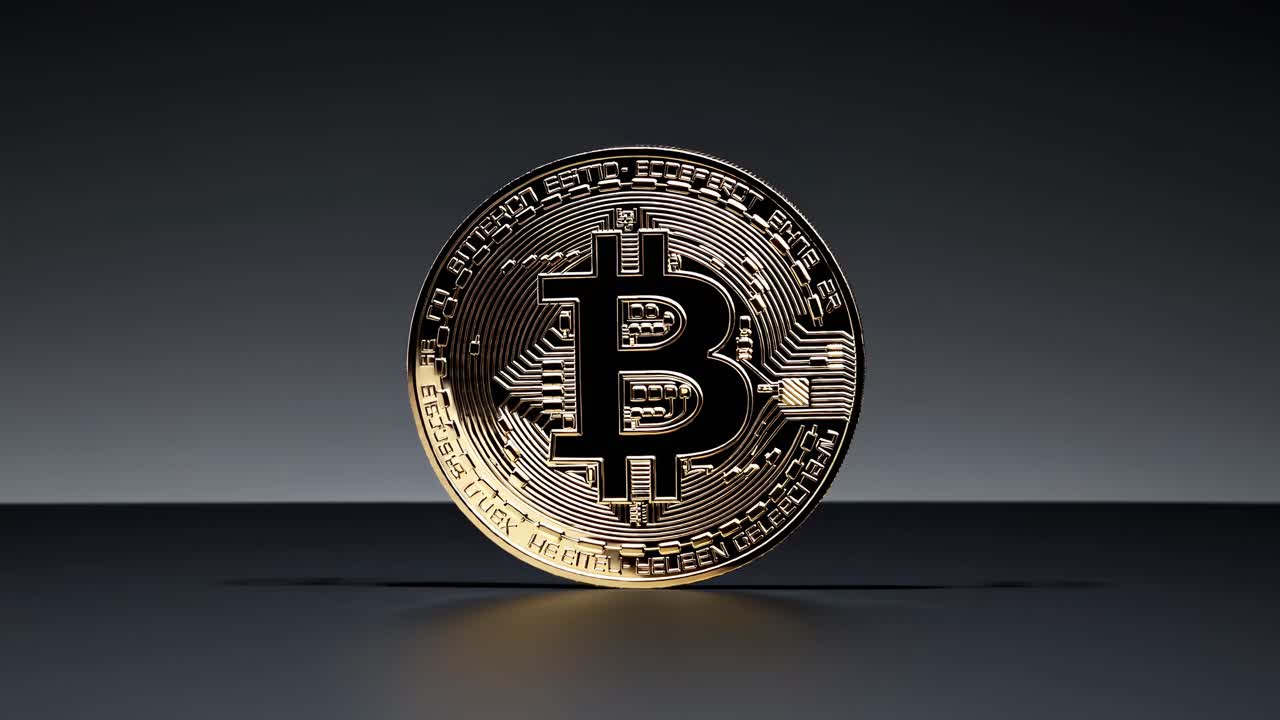 Close-up video of a Bitcoin coin, shot from a low angle. The coin is centered against a dark