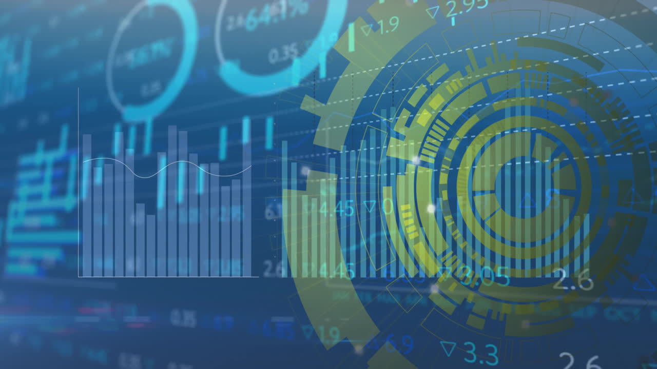 Animação de gráficos de dados financeiros sobre interface circular azul e amarela.