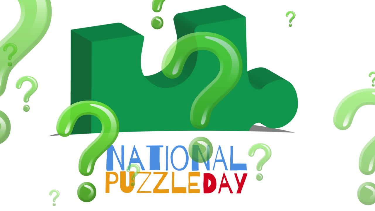 Animation of question marks and puzzle with national puzzle day writing