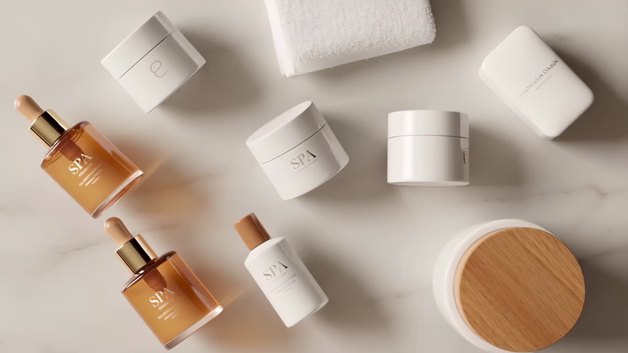 Flat lay of spa and beauty products on a marble surface