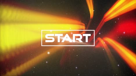 animation of start text in rectangle over tunnel against stars in space on black background