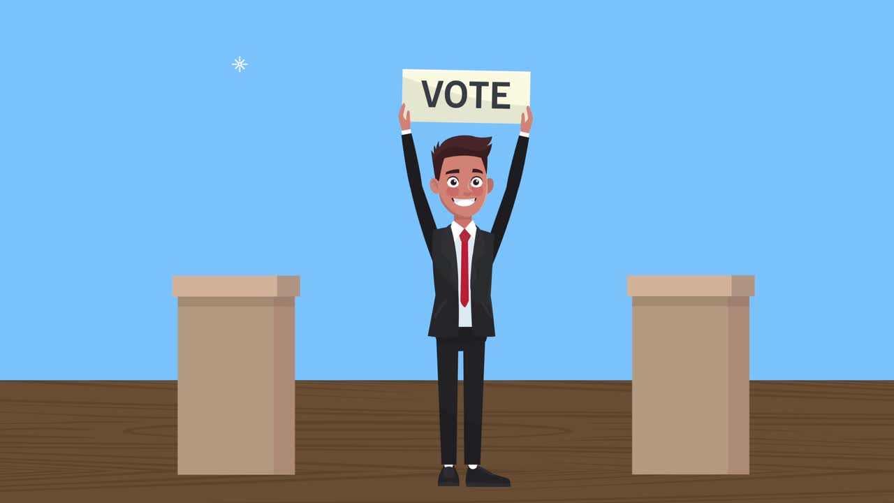 투표 표지판과 투표 상자를 가진 남성 후보자