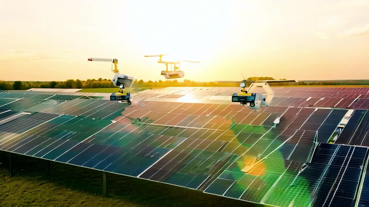 해가 지면 태양 패널을 점검하는 드론