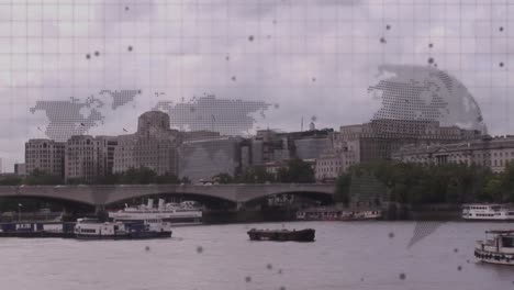 animation of world map and data processing over london cityscape