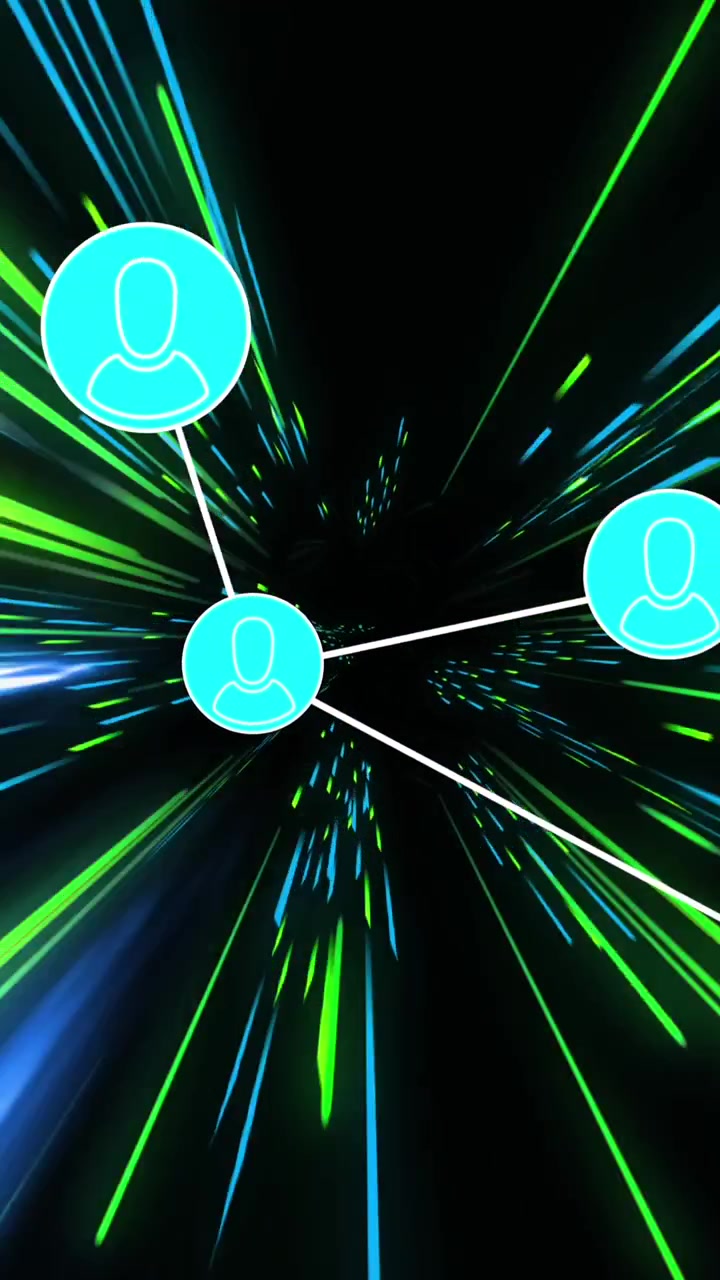 Animation of network of connections with icons over green and blue neon light trails