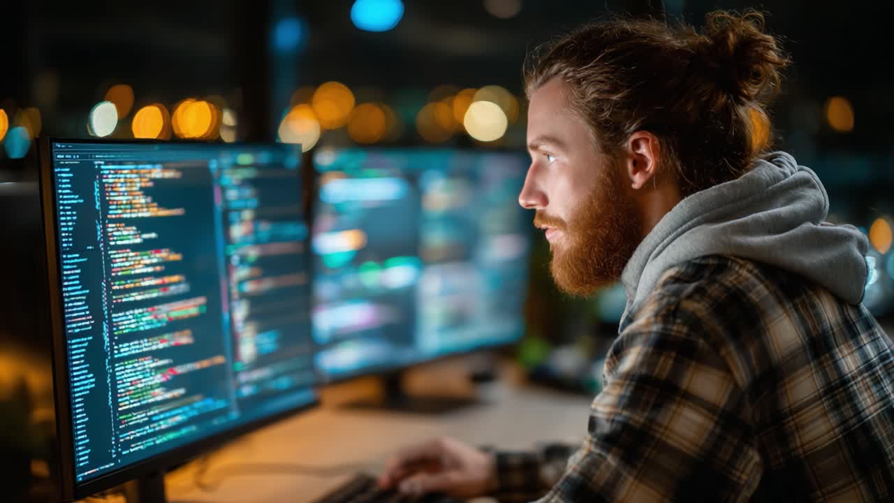 A focused programmer engages in coding during the night, illuminated by computer screens displaying colorful code and a vibrant cityscape in the background