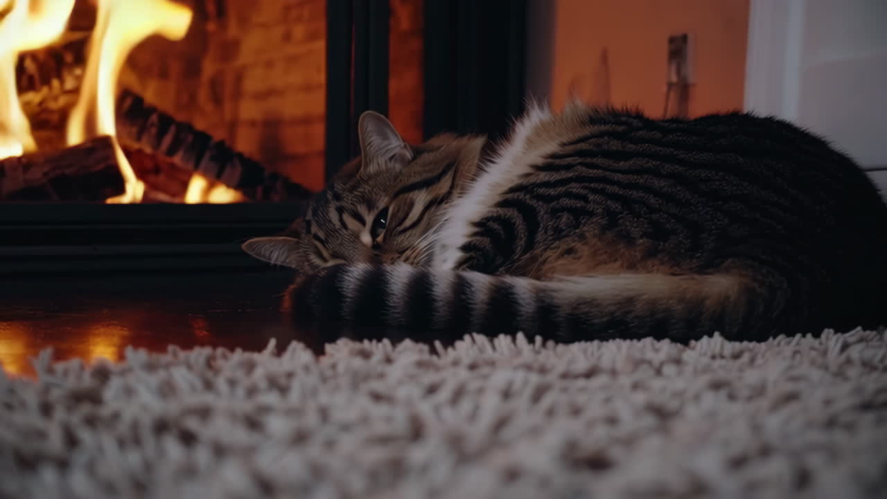Cozy Cat by the Fireplace
