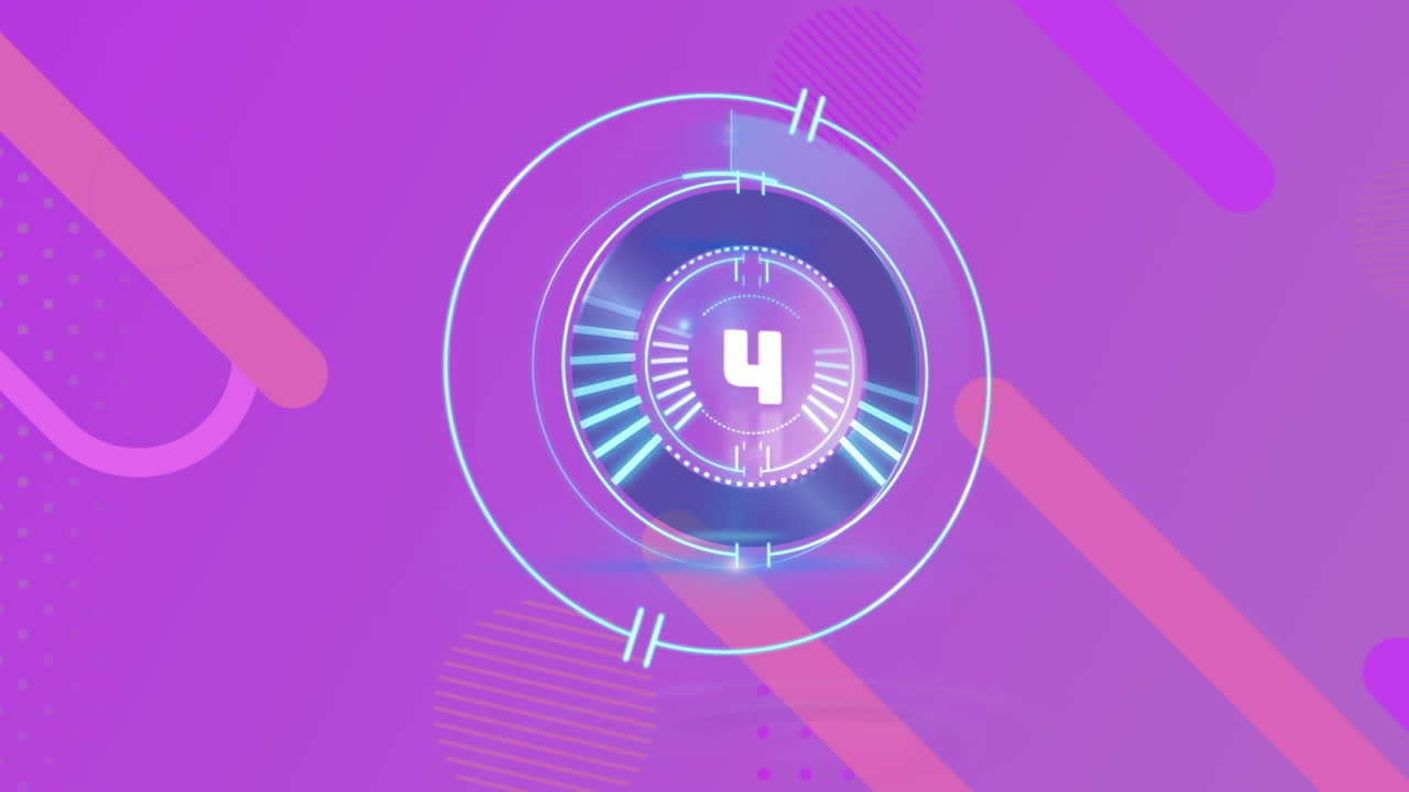 Hypnotic animation of shapes and circles on a purple background with a clock feature.