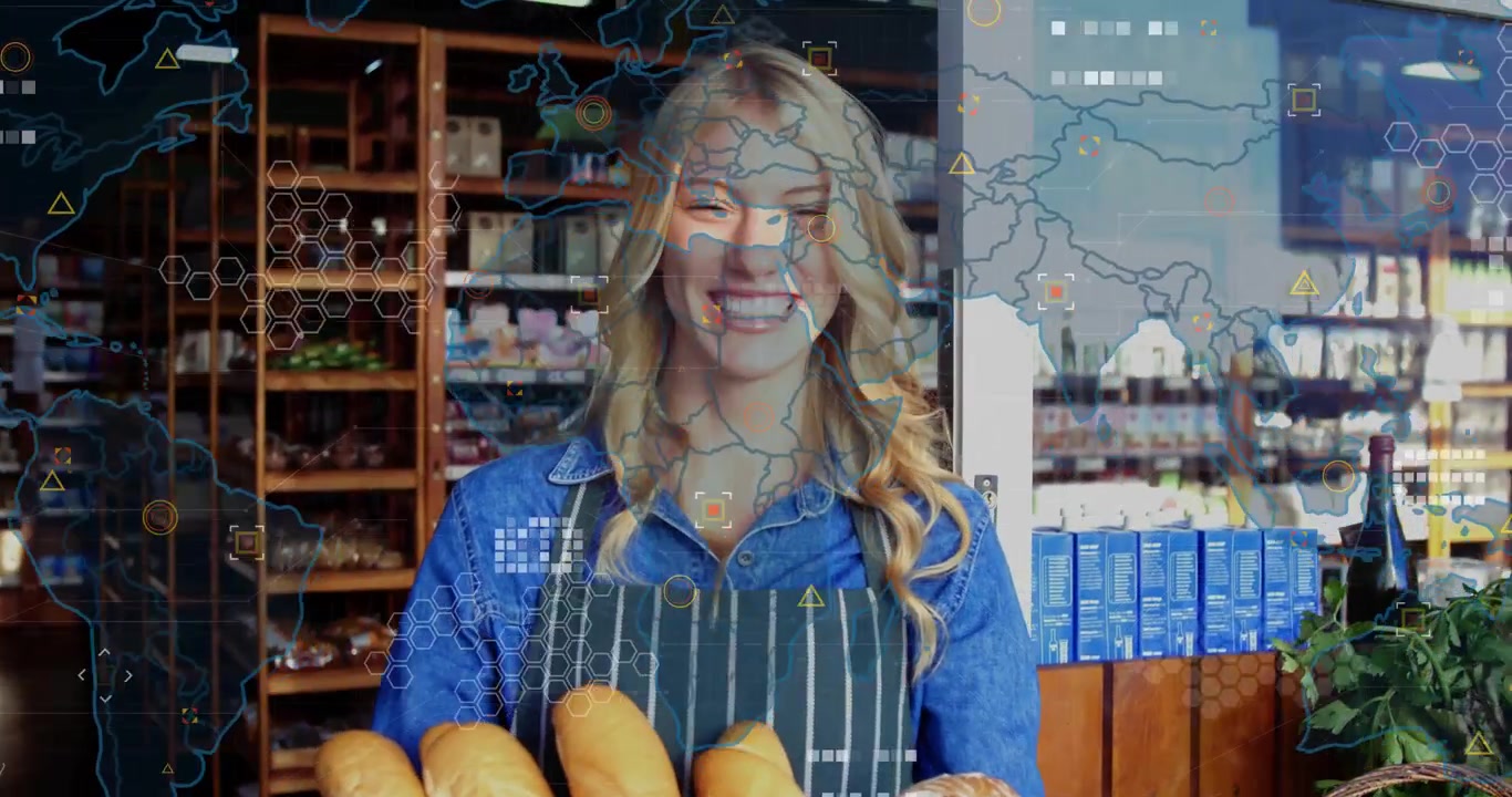 Donna con grembiule che tiene un cesto di pane in un negozio, la telecamera si allontana, vendendo prodotti con una sovrapposizione di mappa.
