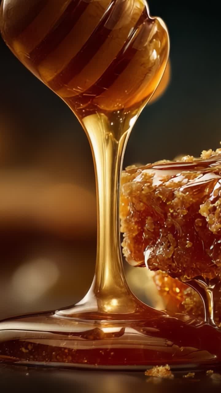 Un primo piano di lussuoso miele dorato che cola da un cucchiaio a nido d'ape, catturando la ricchezza e la dolcezza in una teca di vetro ben strutturata.