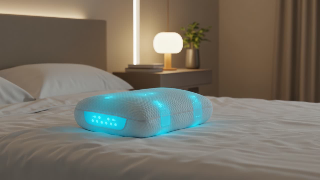 A Modern Sleep Innovation: Stylish Smart Pillow with Soft Textiles and Soothing LED Lights Enhancing Comfort and Atmosphere in a Cozy Bedroom Setup