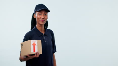 cardboard box, smile or black woman point
