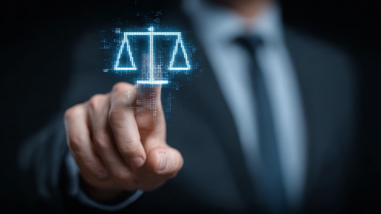 A Professional Examines Justice with Digital Scales: A Focal Moment in the Intersection of Law and Technology, Representing Modern Legal Insights and Systematic Balance