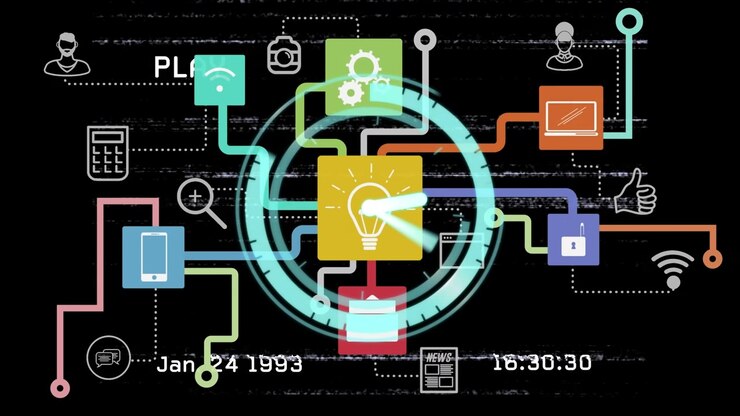 Animation of clock moving over media icons