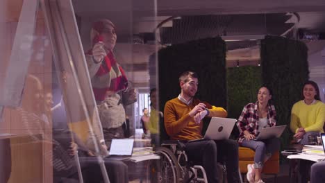 muslim woman in a modern open space coworking office giving a presentation to team. middle eastern arab businesswoman in creative startup office. disabled businessman in a wheelchair on team meeting