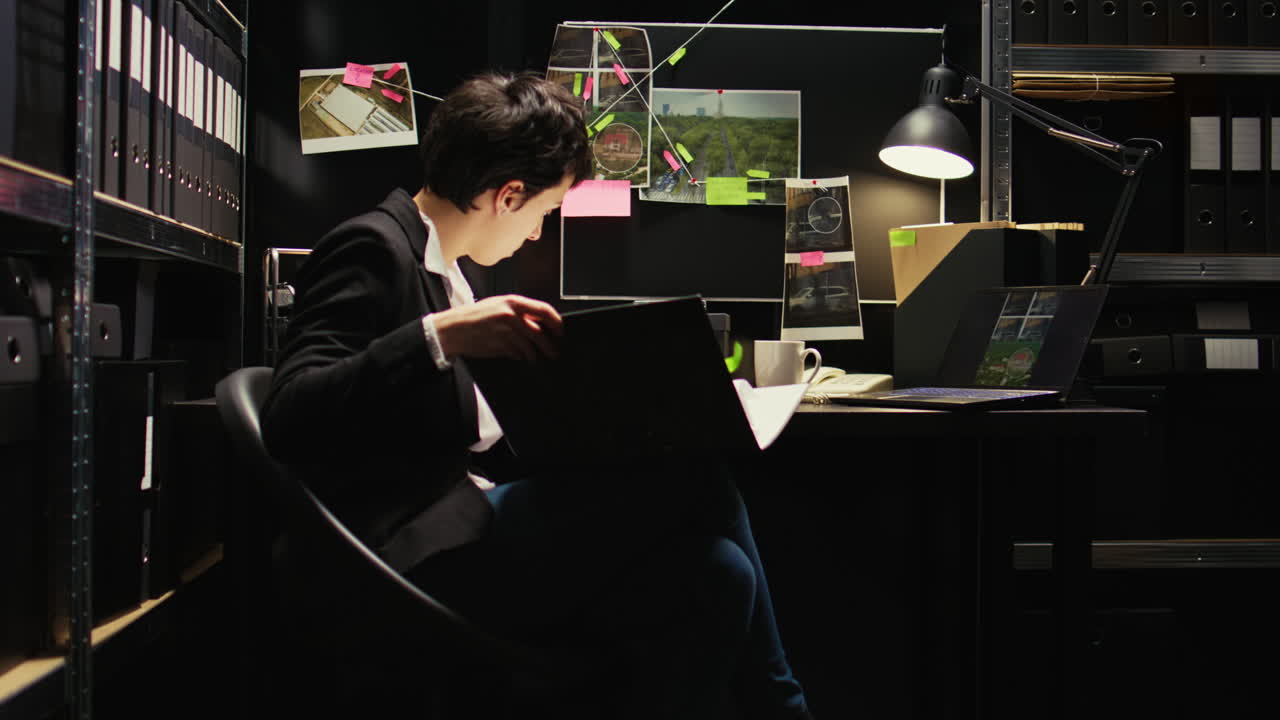 Detective Working on a Case in a Dark Office