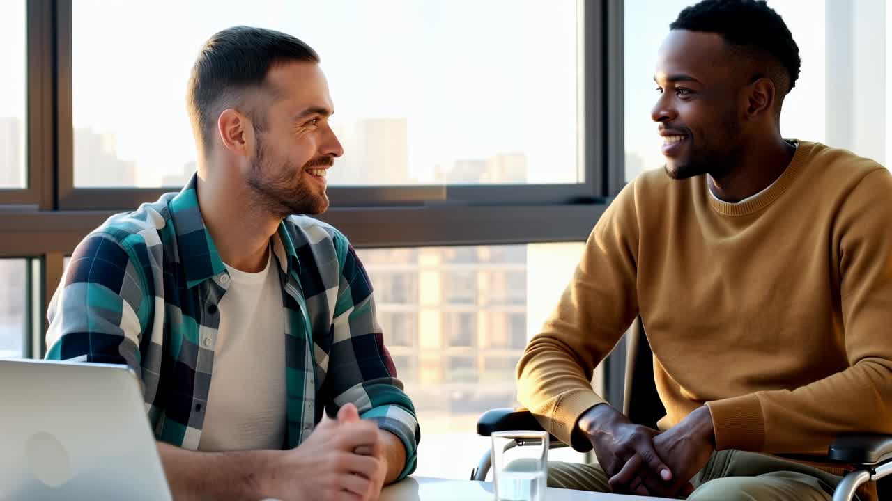 Handicap businessman sitting with colleague in coworking.