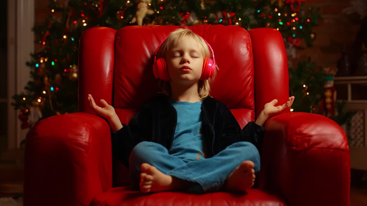 A Peaceful Moment: A Young Child Enjoys Some Quiet Time in a Cozy Red Chair, Wearing Headphones and Relaxing Amidst a Beautifully Decorated Christmas Tree
