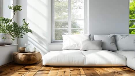 a living room with a white couch and a wooden floor