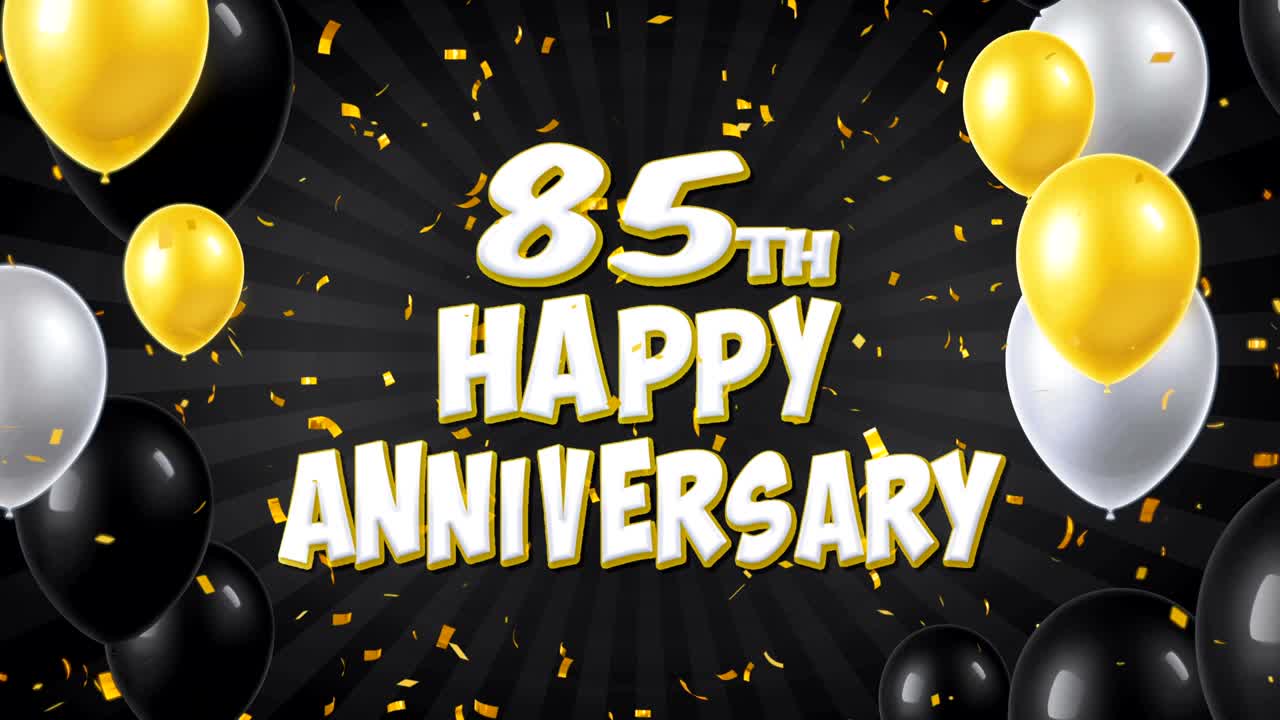 85o feliz aniversario texto negro aparece en confeti popper explosiones cayendo y partículas de brillo, coloridos globos voladores animación de bucle sin fisuras para deseos saludos, fiesta, invitación, tarjeta.