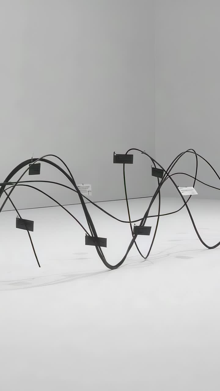 Vertical video: Panning camera filming low black metal loops in gallery, showing tags and placards