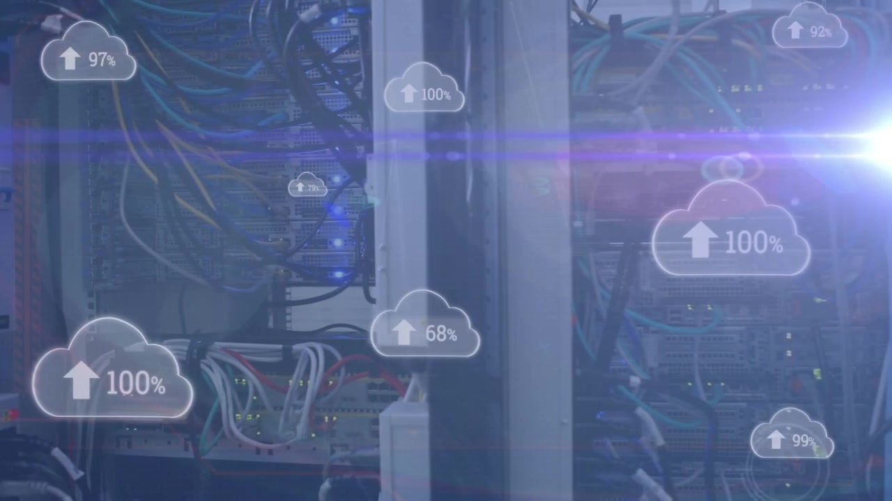 Animation of data processing and media icons over server room