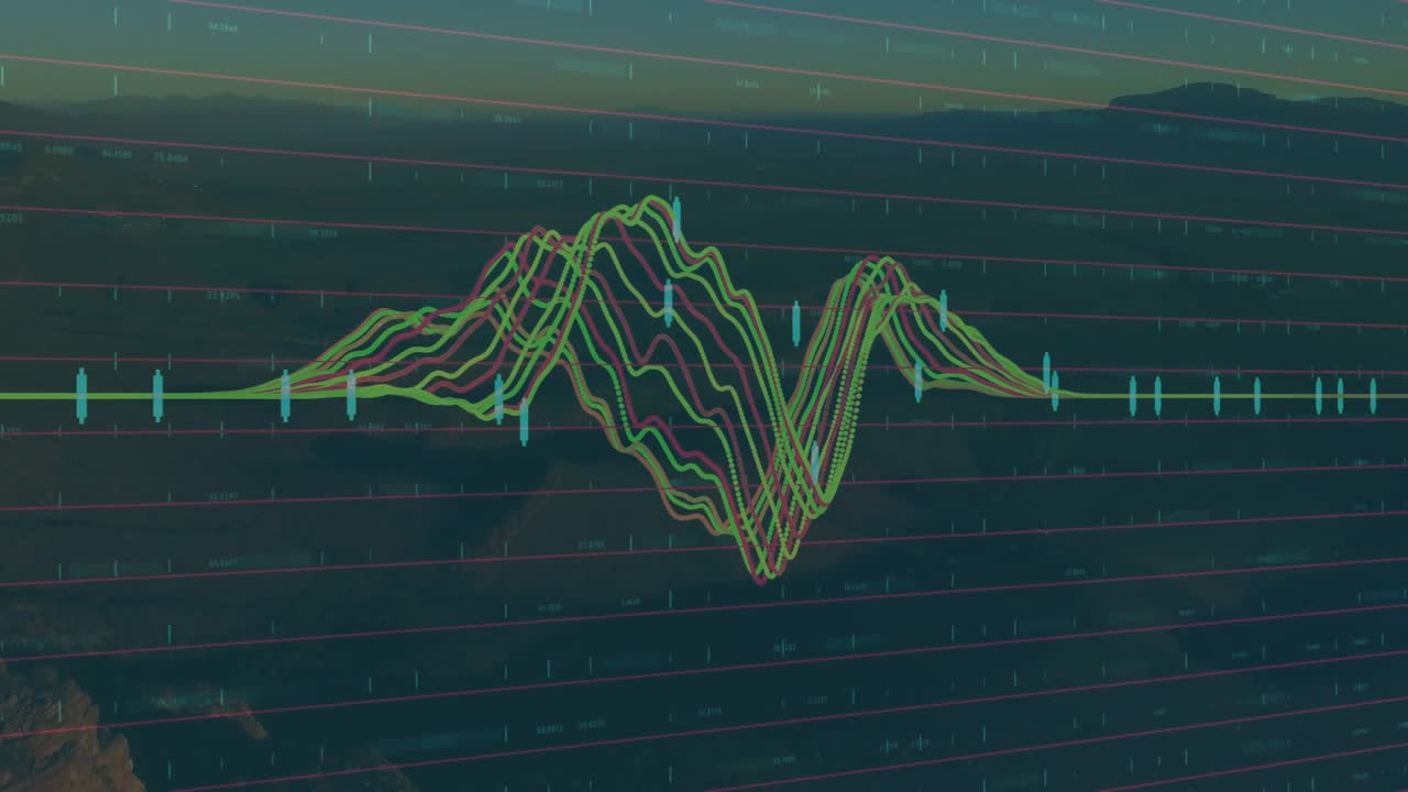 Scene opening grid over dusk ocean, waveforms rising, oscillating, coalescing visualizing dynamics