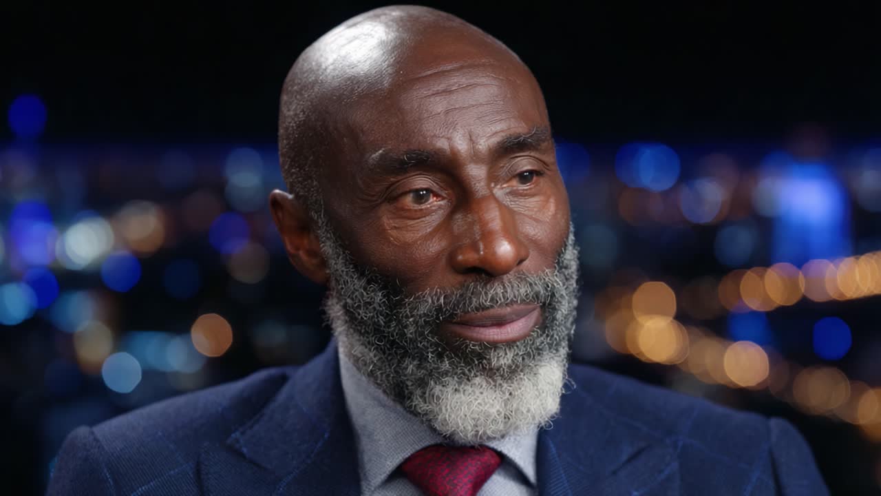 A Captivating Interview: An Engaging Individual Shares Insights Against a City Nightscape, Highlighting Wisdom and Experience With a Distinctive Presence