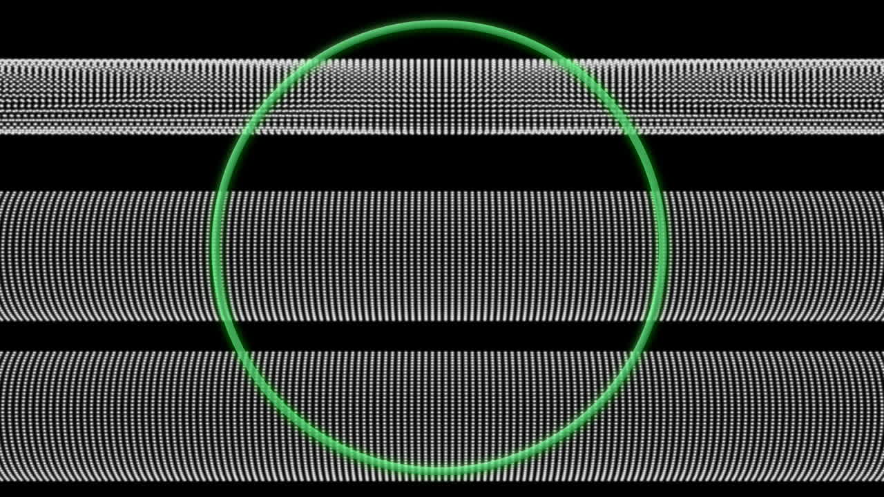 Animation of green circle over moving stripes on black background