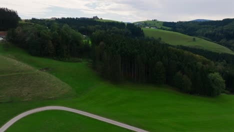 aerial dolly in over green meadows, winding path, and dense forest, revealing hillside homes in kürnberg, austria