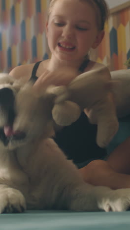 girl playing with puppies