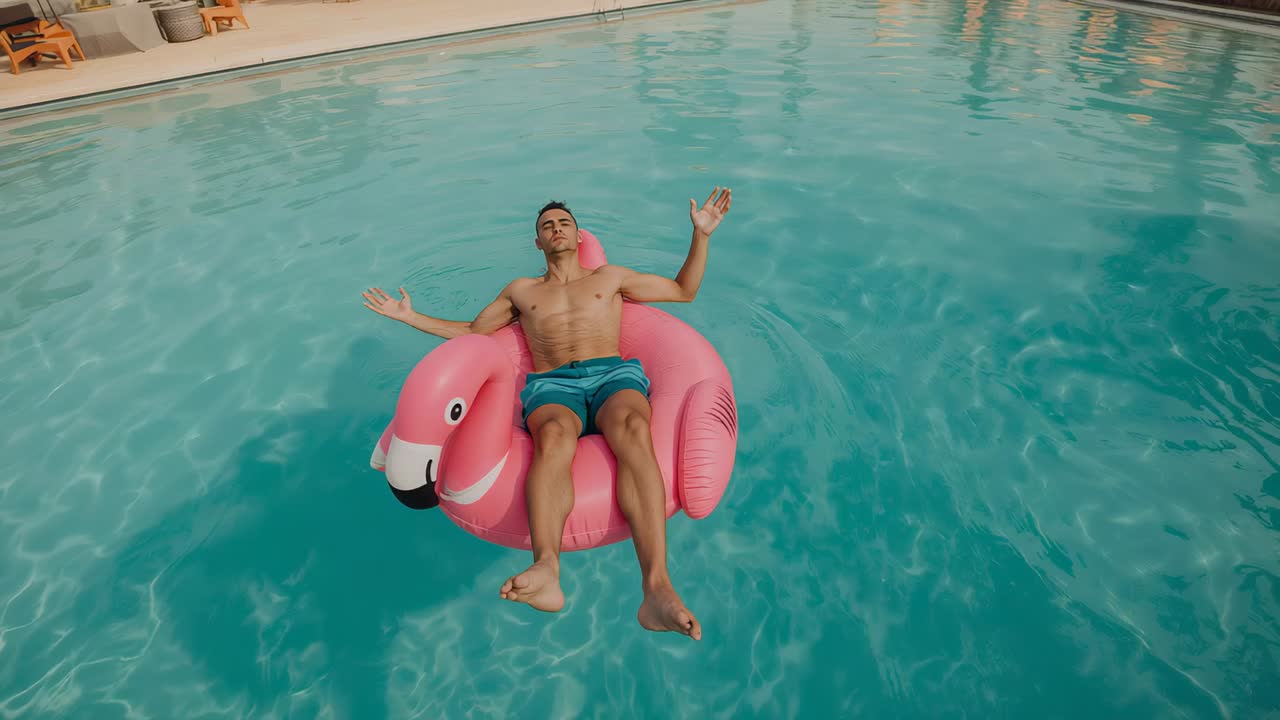 Drifting man reclining on pink flamingo in pool, wearing blue trunks, small ripples pushing float