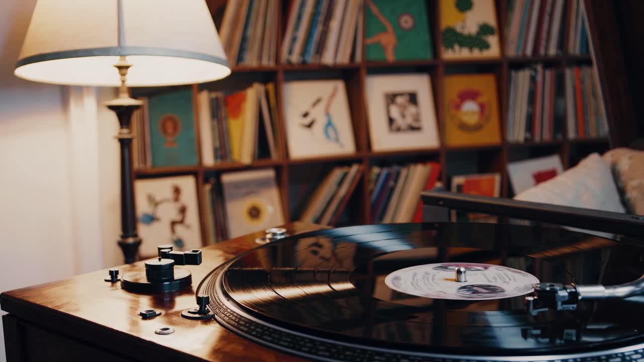 Primo piano video di un disco in vinile che gira su un giradischi, ripreso dal basso, che cattura un'atmosfera retrò.