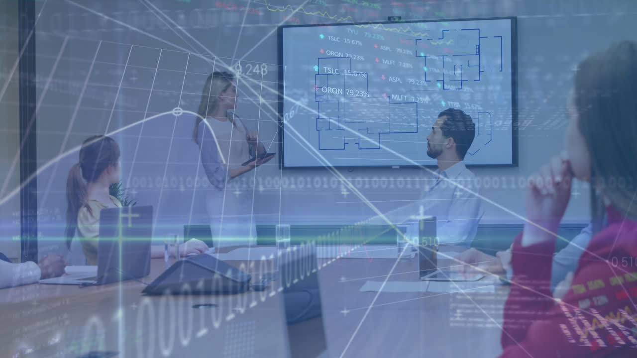 animación del procesamiento de datos financieros sobre diversas personas de negocios en la oficina