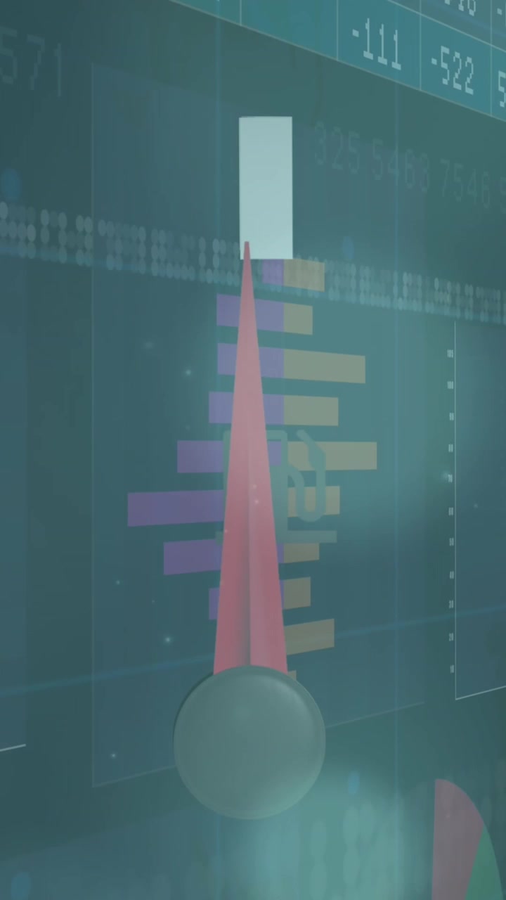 Animation of speedometer and statistical data processing against spots of light on blue background