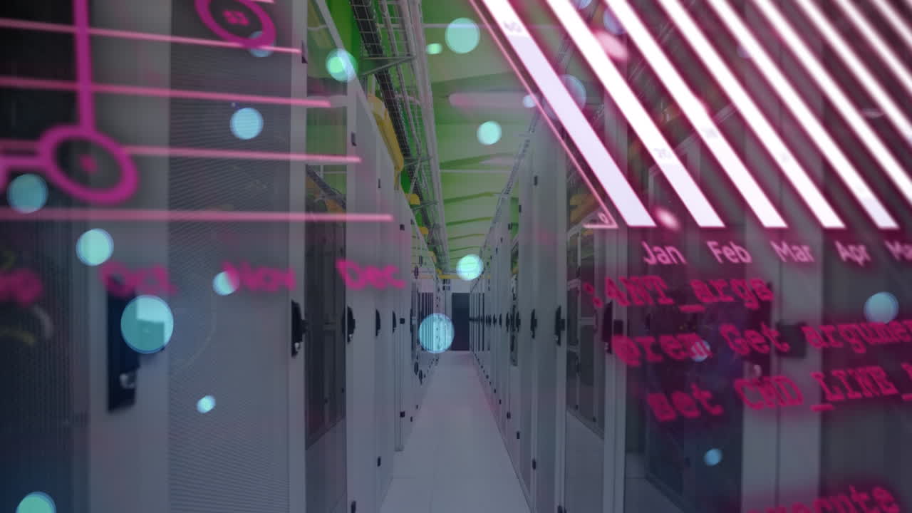 animación de gráficos, bengalas de lentes, globo terráqueo y lenguaje de computadora en la sala del servidor