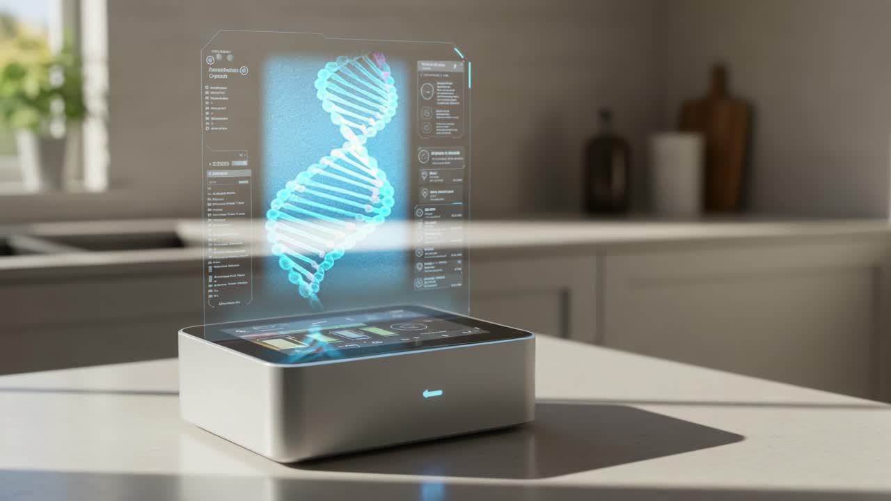 A Futuristic Display Showing a 3D Holographic Representation of DNA in a Modern Kitchen Setting, Highlighting Advanced Technology for Genetic Research and Analysis