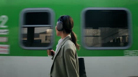 woman walking to train with headphones