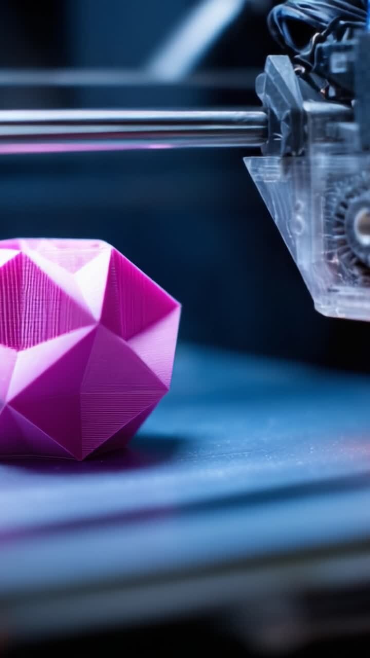 3D Printing Process: Close-Up of a Precision 3D Printer Creating a Bright Pink Geometric Object with Intricate Design Details in a Modern Workspace
