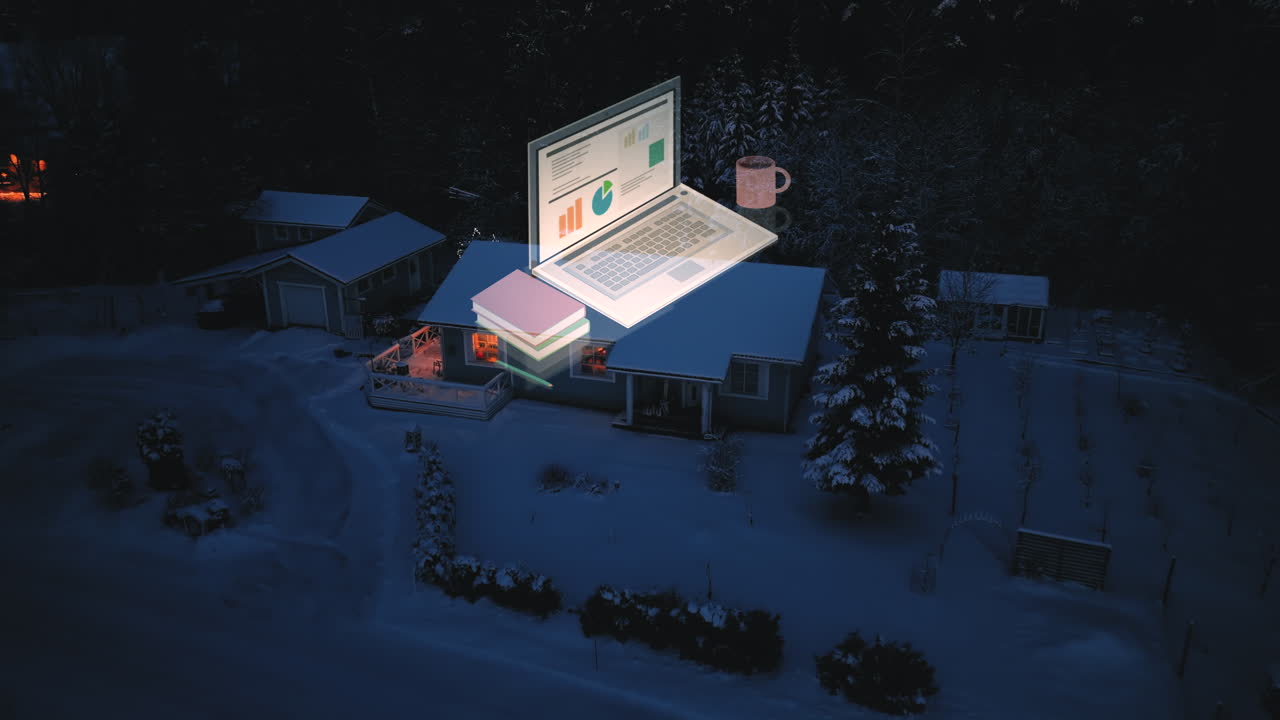Cozy home office house on the countryside, cold, winter evening - Visualization with computer, coffee cup and books