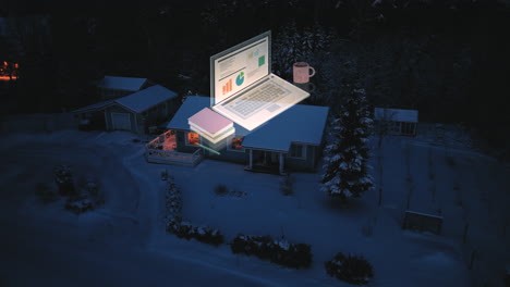 Gemütliches-Home-Office-Haus-Auf-Dem-Land,-Kalter-Winterabend---Visualisierung-Mit-Computer,-Kaffeetasse-Und-Büchern