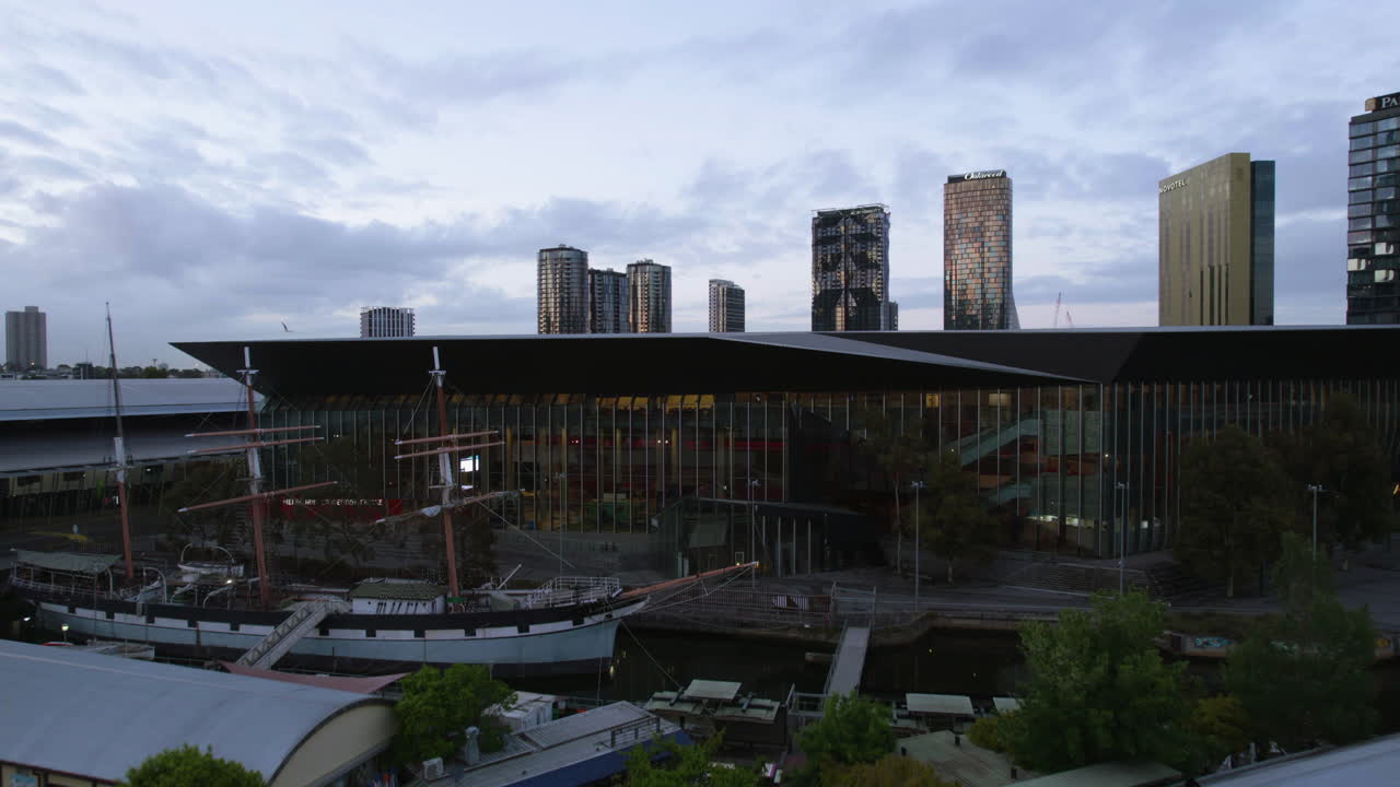 Aerial view over the South Wharf and the Convention Centre, dawn in Melbourne