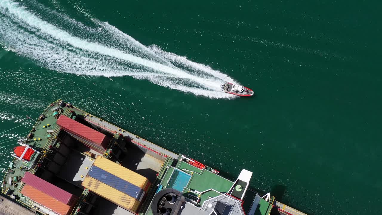 Cargo Ship and Patrol Boat in Port