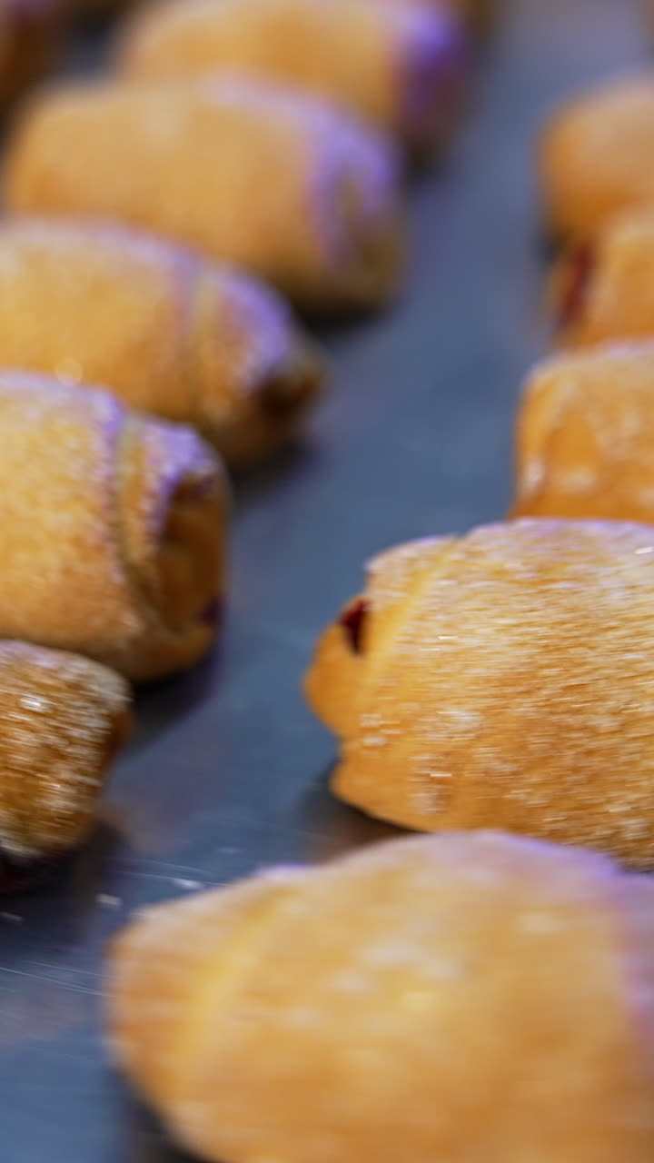 Savory delicious little croissants sprinkled with sugar at baking sheet. Tray full of desserts on a turning table. Close up. Vertical video