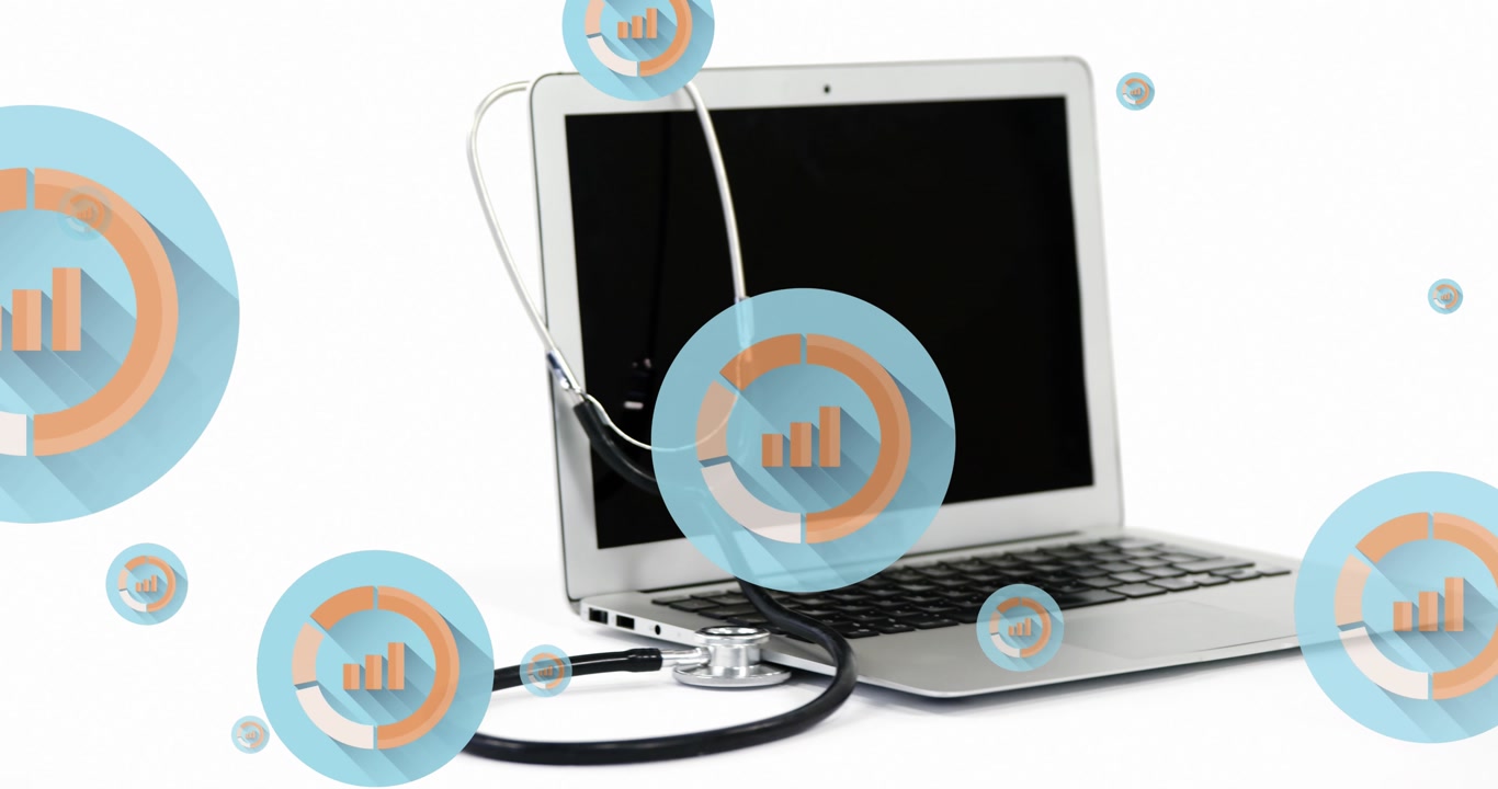 Animation of graph icon in circles over stethoscope and laptop on desk against white background