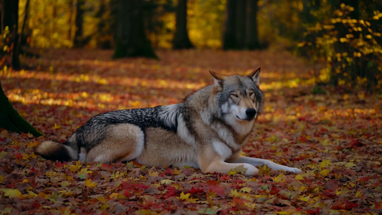 Gray wolf lies calmly across red and yellow leaf litter, shifting its gaze from the side toward viewer as soft warm light reveals detailed fur and a quiet forest floor.