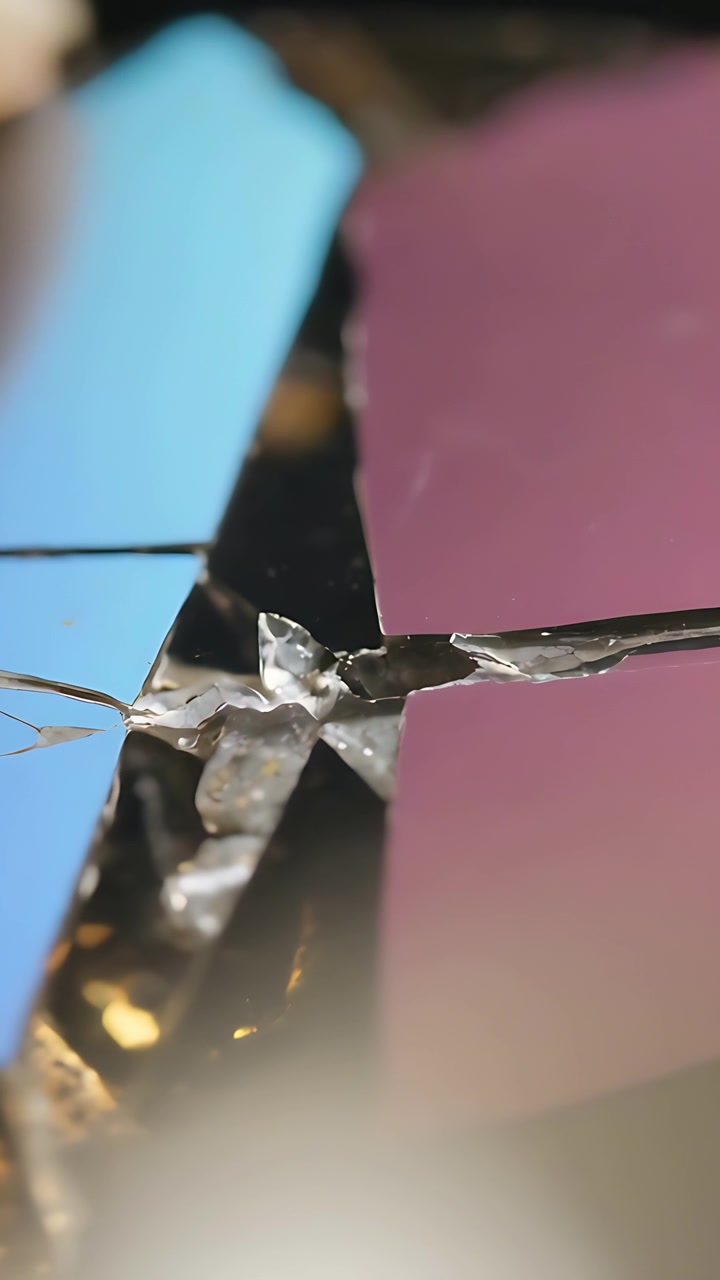Vertical video: Showing macro cracked pane glue sealing crack blue left purple right tip entering