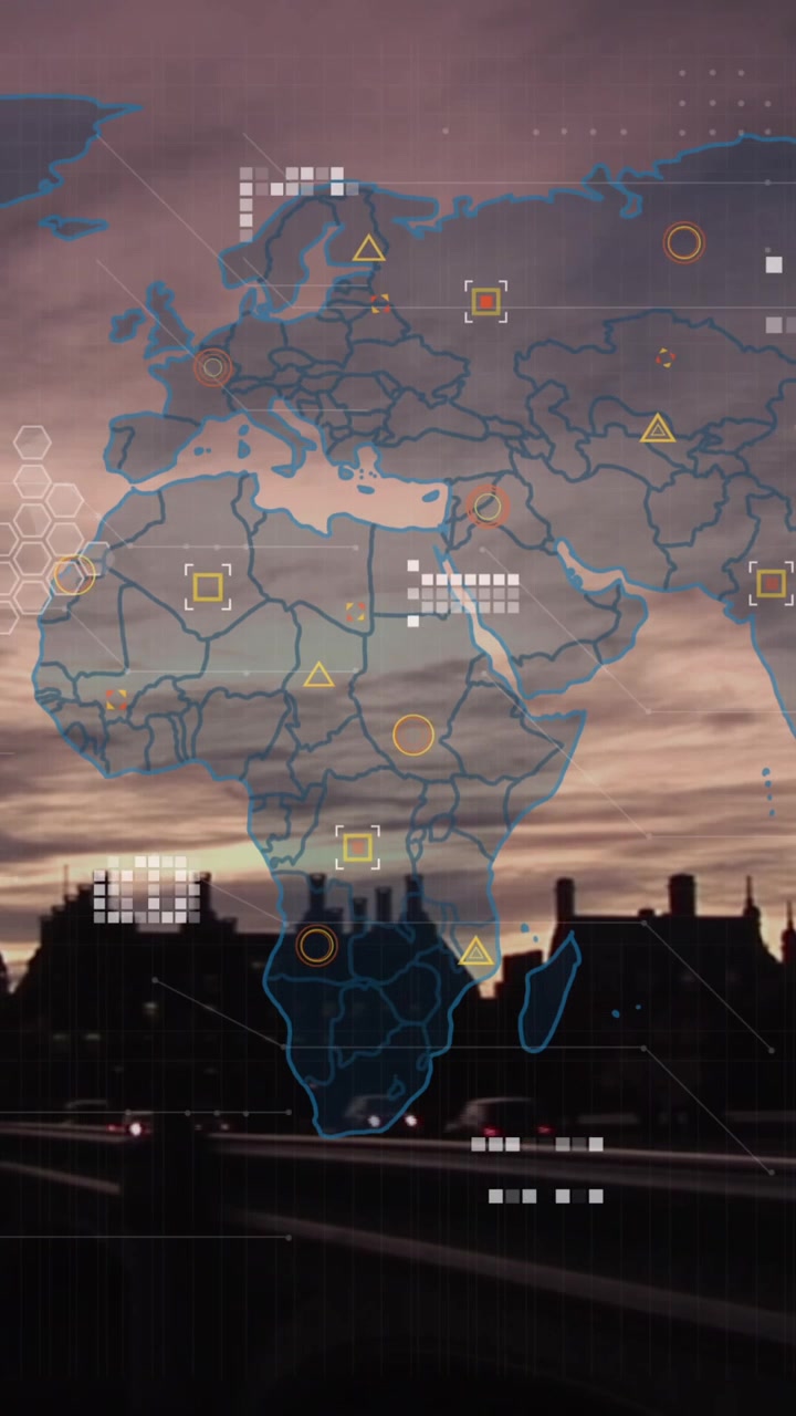 Animation of data processing and world map against city traffic and big ben tower