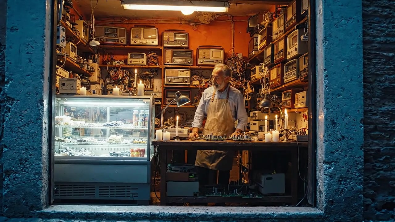 Artesão em Ação em uma Loja de Eletrônicos Vintage, Rodeado por Ferramentas, Gadgets e uma Vitrine de Vidro em um Cenário Urbano Pitoresco.